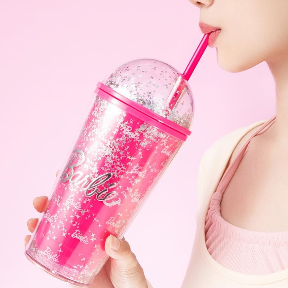 Barbie x Miniso Collab Pink Glitter Silver Star Dome Tumbler with Straw EUC - Picture 2 of 12